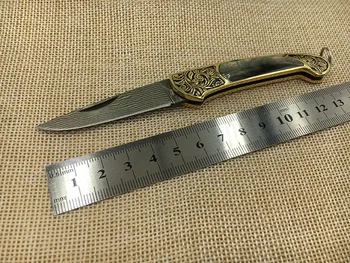 Manual de oțel Damasc lama briceag de Buzunar Alamă Galbenă +Black pearl Mâner de cuțit de utilitate gravori alama