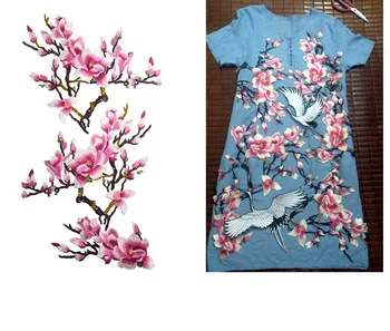 Mare Magnolia Broderie Flori Mari Patch-Uri Aplicatiile Coase Pe Pânză Rochie Decor Stick Accesoriu Roz/Bej Dantela FabricA385