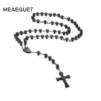 Meaeguet 76cm Lanț din Oțel Inoxidabil Negru Șirag de mărgele Lanț Rozariul Isus Hristos Crucea Pandantiv Lung Farmecul Colier Pentru Bărbați