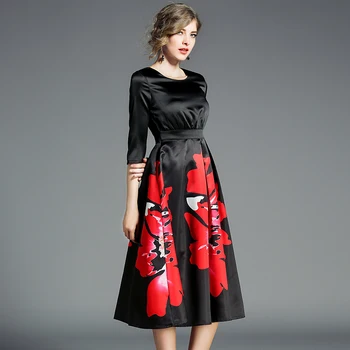 Moda Elegant De Imprimare Partidului Roșu Rochie Femei, Cu Maneci Lungi Vintage Leagăn Mare Business Casual Rochii Vestidos