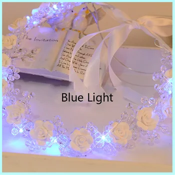 Moda Lumină Albastră Flori Benzi de Nunta Mireasa Hairwear Cristal Coroană de flori Tiare Polimer Argilă Albă Coroană de Flori cu Panglică SG103