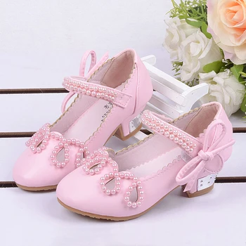 Moda Nouă copii pantofi fete tocuri inalte pantofi printesa margele fetele petrecere de nunta de copii papion dans pantofi roz de aur alb