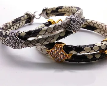 Moda piele de Python Piele de Șarpe 5MM Oameni cu Argint din Oțel Inoxidabil, CASETA de Cerc brățară Brățară Pentru Ceas Cadou