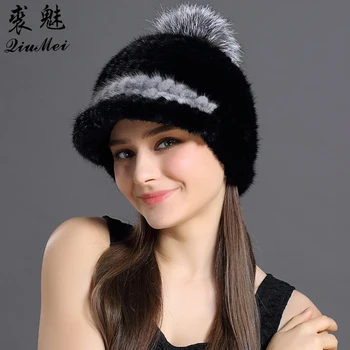 Moda Se Ingroase Pălărie De Iarnă Stil De Blană De Nurcă De Tricotat Naturale Animale Drăguț Cu Pompon Capac Mozaic De Culoare Rece Femeie Capac