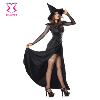 Mâneci lungi Negru Vrăjitoare de Magie Gotic Rochie Fancy Cosplay Costum de Vrăjitoare Deguisement Sexy Adulte Costume de Halloween pentru Femei