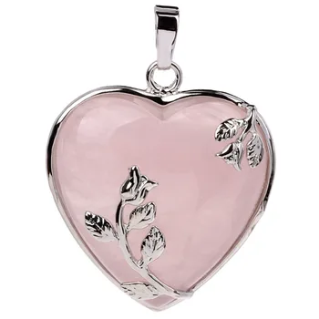 Naturale de Trandafir Roz Cristal de Cuarț Scazut Chakra Stone Capac din Aliaj în Formă de Inimă, cu Flori Marginea Pandantiv