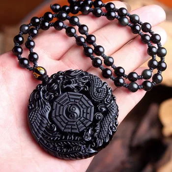 Naturale Obsidian Negru Sculptat De Mână Chineză Dragon Phoenix BaGua Norocos Amuleta Pandantiv Colier Moda Bijuterii