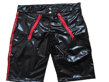 Negru strâns sexy skinny pentru bărbați PVC pantaloni scurți butoane și fermoare detalii front faux din piele scurt latex de cauciuc pentru bărbați shorts pentru bărbați S-3XL