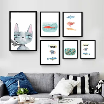 Nici un cadru de desene animate clar pisica drăguț de pește viata panza tiparituri ulei de tablou imprimat pe panza de casa arta de perete decor imagine