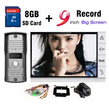 Noi 9 Inch Ecran Mare+8GB Card SD Înregistrare Video interfon Interfon de Exterior rezistent la apa Sonerie, Interfon Camera clopot Ușă