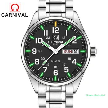 Noul calendar Dublu Data de Tritiu Luminos Cuarț ceas militar rezistent la apa 200M de CARNAVAL Sport Brand de Ceasuri Mens plin de oțel