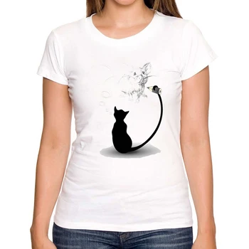 Noutatea Tipărite pisica Neagra tricou 2017 Noi Femeile de Moda de Vara cu Maneci Scurte T-shirt Alb, animale haioase Tricouri topuri