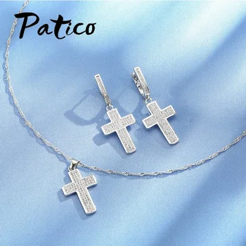 PATICO Argint 925 Seturi de Bijuterii Clasice Cruce Colier Picătură Cercei Bijuterii Pentru Femei Fata Cubic Zirconia 3Pcs/Set