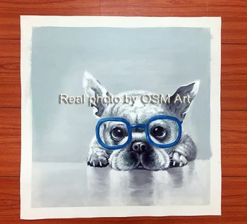 Pictate manual Albastru Ochelari Câine Ulei de Imagine Abstractă Animal Pictura in Ulei pe Panza pentru Creadă Cameră Decor de Perete Gri Bulldog Pictura