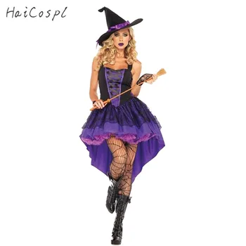 Plus Dimensiune XXL-S Costum de Halloween Vrăjitoare Pentru Femei Adulte Sexy Violet Înghiți Coada Bretele Rochie, Palarie Carnaval, Petrecere Costum de sex Feminin