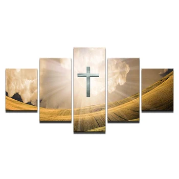 Poze Tablou Canvas Living Modular de Perete de Arta 5 Panoul de Hristos Crucea Sfântă Lumină Cadru HD Tipărite Moderne Poster Decor Acasă