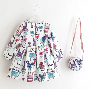 Primavara/Toamna pentru copii fete dress Print haine de fata de moda rochie de printesa + geanta două seturi copii fete copil rochie de flori