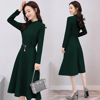 Primăvara și Toamna Femei nou versiunea coreeană de secțiune lungă de talie mare rochie de temperament cu mâneci lungi în formă de rochie