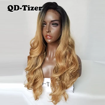 QD-Tizer Blonda Parul Ombre Corp Lung Val Sintetice Peruci Fata Dantelă Glueless cu Copilul Par Doi Culoare Sintetice Peruci Dantela