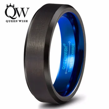 Queenwish Tungsten Inel 6mm Bărbați Femei Albastru Negru Margine Teșite Periat, Lustruit Trupa de Nunta Pentru Cuplu Moda Bijuterii
