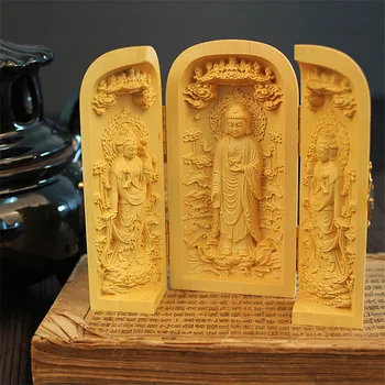 Rafinat Empaistic Naturale Cimișir Sculptură Buddha Vest Retinues Trei Sfânt Zeita de Mercy sculptură artizanat Decor