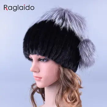 Raglaido Femei Pălărie de Iarnă Real Nurca Caciula de Blana de Vulpe Argintie Capace cu Bila Rusia Brand de Moda Blană Capac Tricot Căciuli Negre LQ11193