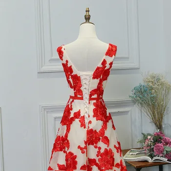 Roșu Seara rochie noua Lunga Broderie Dantelă gât Rotund banchet Backless de moda elegant performanță coreean rochie pentru Nunta