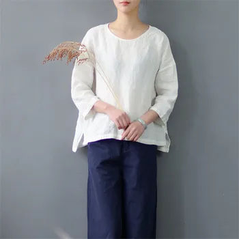 SCUWLINEN 2018 Primavara-Vara Femei Topuri Solid Zen Epocă Neregulate Liber Maneca Trei Sferturi Lenjerie de T-shirt pentru Femei S533