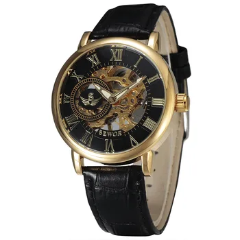 SEWOR 3d Logo Design Luminos Gol Gravură de Aur Negru din Piele de Caz Schelet Ceasuri Mecanice Bărbați de Lux Heren Horloge