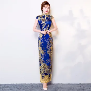 Shanghai Poveste nouă sosire lung de design de moda Paiete dantelă brodată Mare Split stil chinezesc cheongsam dressup