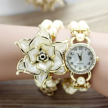Shsby Noua Moda Femei rochie Ceasuri Doamnelor lanț pearl alb floare brățară cuarț ceasuri de mana Femei Stras Ceasuri