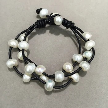 Sport Casual, stil Baroc Naturale de apă dulce Pearl brățară din piele neagră 10MM unele pete sau găuri pe suprafață perla moda