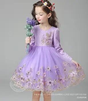 Stil Retro toamna și iarna fata rochie roșu purpuriu fata rochie de flori de nunta de aur broderie de mătase partea copilului dans de ziua dre