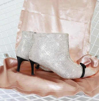 Stylesowner bling bling de cristal a subliniat toe glezna cizme femei strasuri culoare mixt papion decor cizme scurte dotata pantofi cu toc