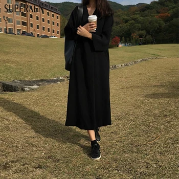 SuperAen coreea Style Femei Rochie Lunga 2018 Primăvară Nouă Femei Rochie Retro Culoare Solidă V-neck Loose cu maneca Lunga-Rochie de sex Feminin