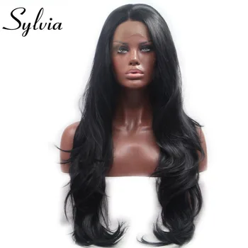 Sylvia 1b# Natural Parul Negru Lung Val Natural Peruci Sintetice, Peruci Fata Dantelă Rezistente la Căldură Fibra de Par Pentru Femei de culoare