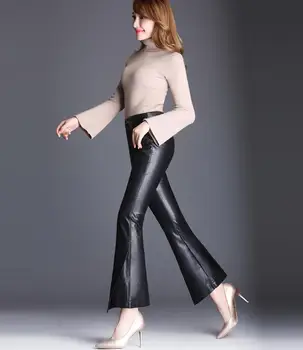 Talie mare pu pantaloni de moda de sex feminin de mari dimensiuni flare pantaloni femei faux din piele lungi pantaloni