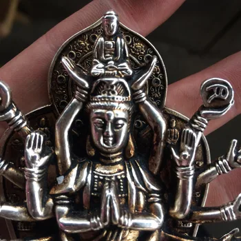 Tibet Budismul miao Argint 1000 brațul Kwan-Yin Bodhisattva Guan Yin fengshui buddha statuie decor de metal artizanat