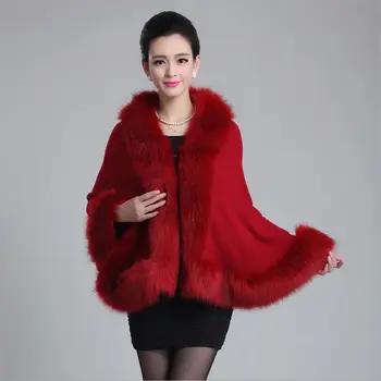 Toamna iarna noi femeile elegante haină de blană faux fox Surround lână cape moda cald de lux blană șal poncho Tricotate cardigan