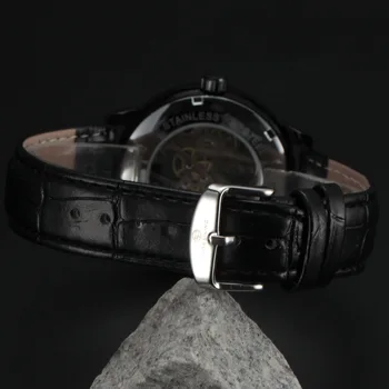 Top FORSINING 3D Logo Design Gol Gravură carcasă Neagră din Piele Roma Schelet Ceasuri Mecanice Barbati Brand de Lux Heren Horloge