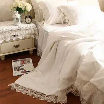 Top Romantic set de lenjerie de pat elegant la nivel European satin alb carpetă acopere Croșetat Dantelă cuvertura de pat bumbac nunta lenjerie de pat bedskirt