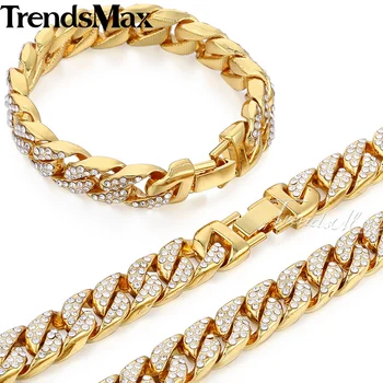 Trendsmax Hiphop Miami Bordură Cubaneze Femei Mens Brățară Colier Set de Bijuterii Bling cu Gheata de Aur de Argint de Culoare 14mm