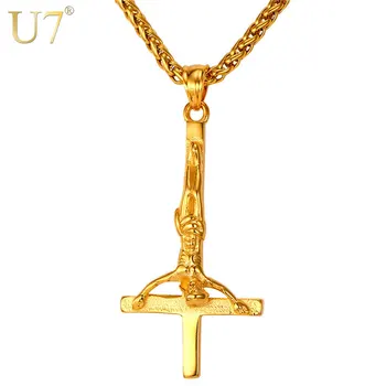 U7 Cruce Inversat Colier Barbati Gotic Satanice Bijuterii de Aur din Oțel Inoxidabil de Culoare Cruce cu Susul în Jos de St. Peter Pandantiv P813