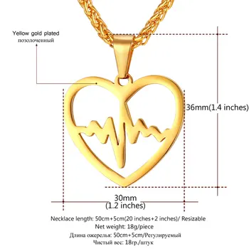 U7 Inimii Colier Si Pandantiv Pentru Femei La Modă De Culoare De Aur Din Oțel Inoxidabil Rata De Inima Electrocardiograma Iubitor De Bijuterii P830