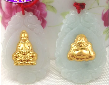 Un Set De 24K aur Galben și Naturale / Jadeit Sculptate Buddha Kwan-Yin Pandantiv