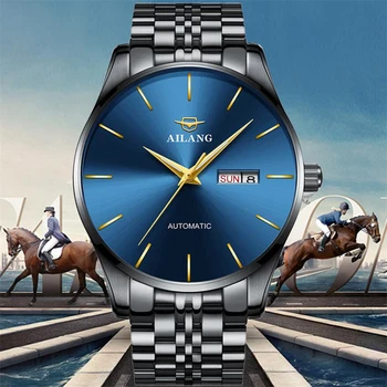 Urmăriți Oameni de Afaceri Prezent Ceas din Oțel Negru Mens Ceasuri de Top Marca Sport de Lux Automat Mechanical ceas Cadran Albastru NOU