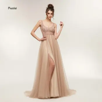 Vestido de Festa Uimitoare Rochii de Seara Lungi 2018 Sexy Rochii de Partid V Gât Elegant Prom Rochii Split Față Spate Deschis
