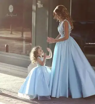 Vintage Albastru deschis-O-linie Flori Girl Rochii Pentru Nunti Fata de Mama Si Fiica Rochii Fete Concurs de Comuniune Rochie