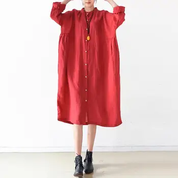Vintage Plus dimensiunea rochie de Camasa Femei Lady Maneca Lunga Solid lenjerie de pat din Bumbac Rochii Vestido Casual, Simplu