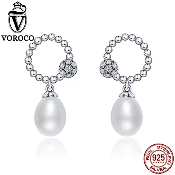 VOROCO Argint 925 Oval Perle de apă Dulce Clar Zircon Elegant Picătură Cercei Pentru Femeile Nunta Bijuterii de Argint VSE095